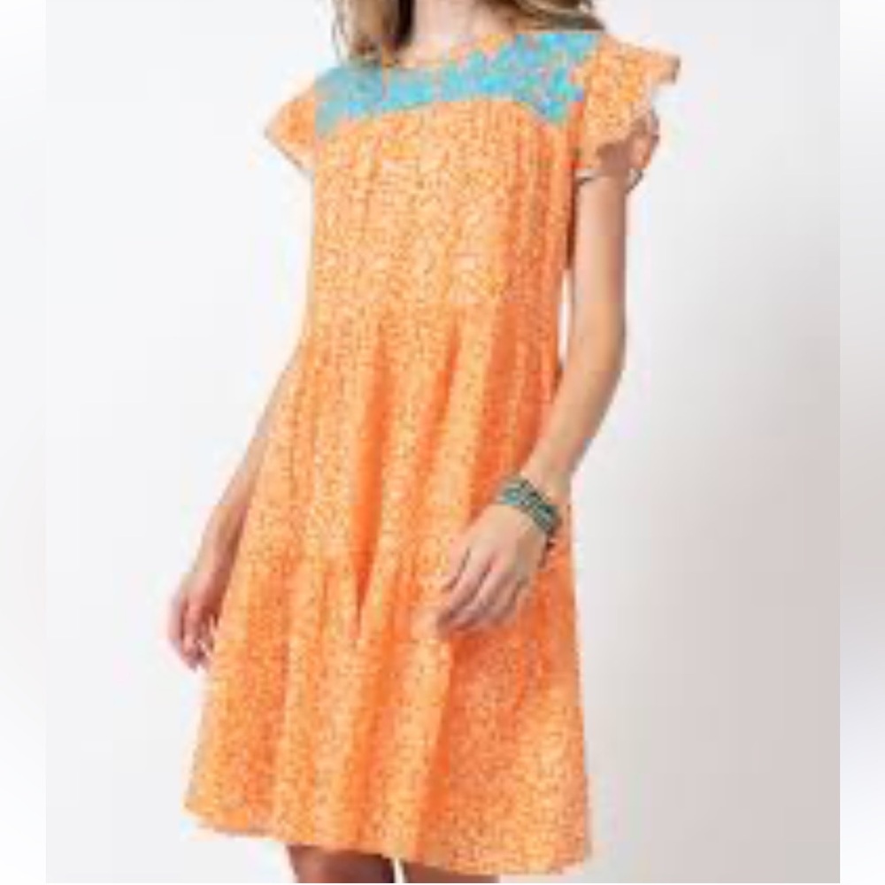 Sister Mary SZ Large NWT blue embroidered bib vibrant floral orange midi dress